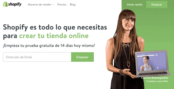 Captura de pantalla de la página de inicio de Shopify