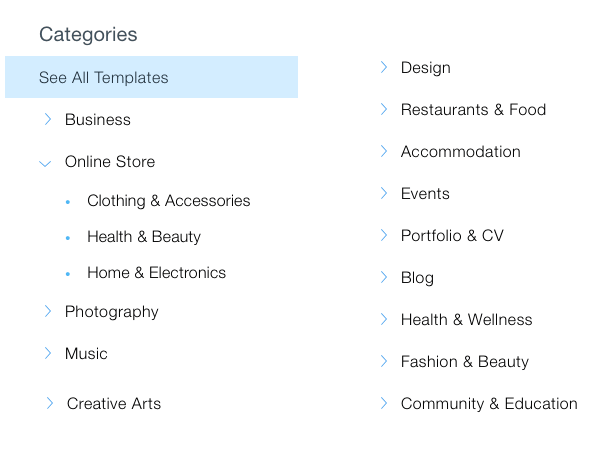 Wix template categories