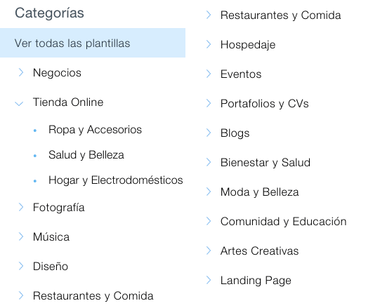 Categorías de las plantillas de Wix