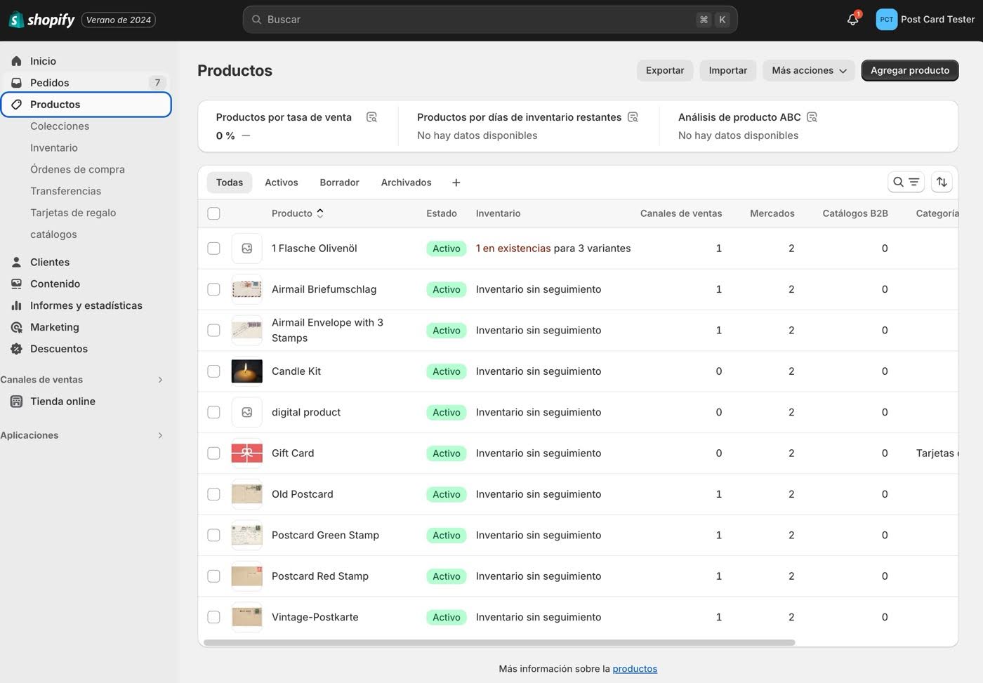Listado de productos en Shopify