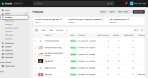 Product list at Shopify