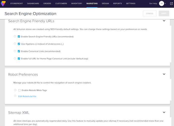 volusion seo general options