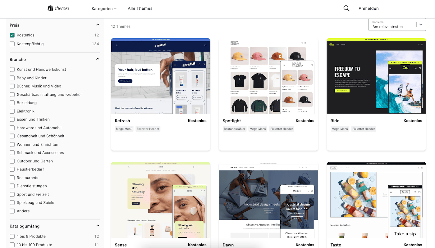 shopify kostenlose themes