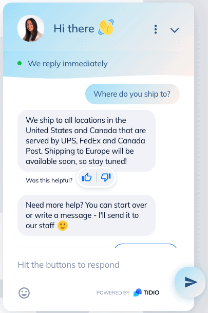 tidio chatbot shipping responses