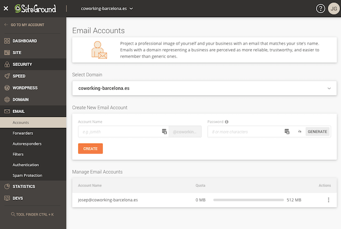 Create email accounts with SiteGround