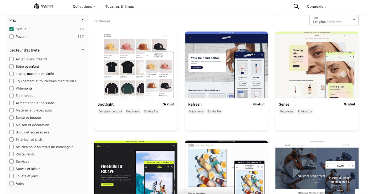 shopify thèmes gratuits