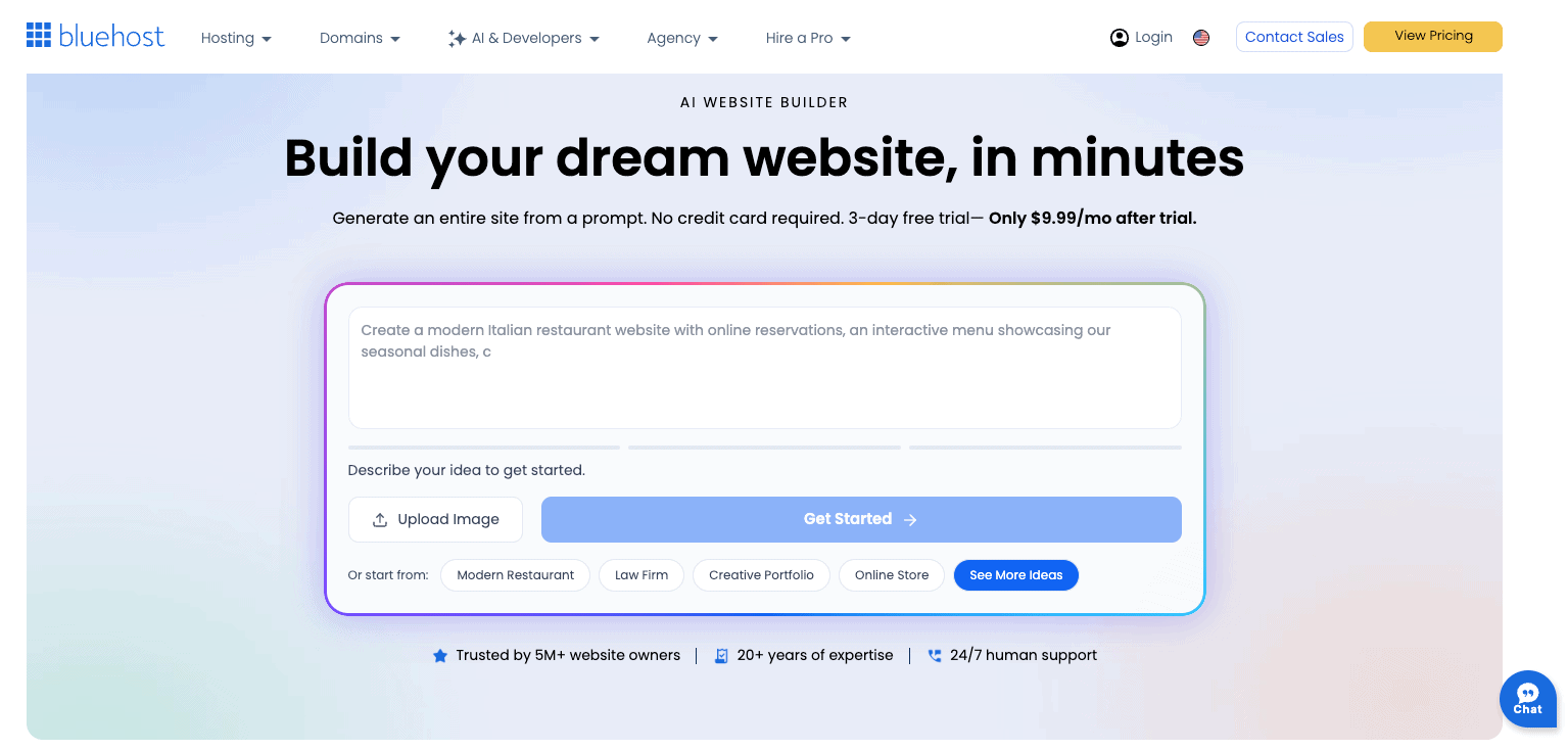 bluehost website builder homepage