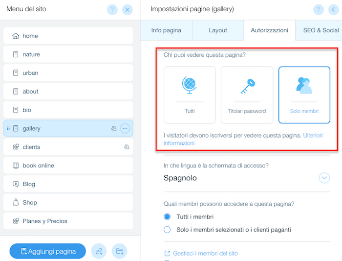 wix proteggere siti con password