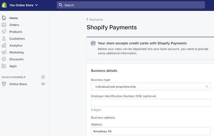 shopify payments form
