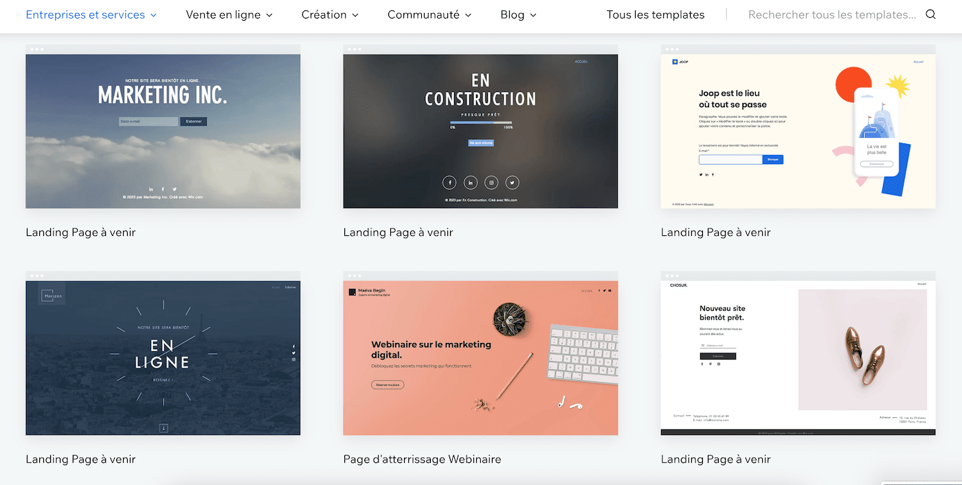 modèles landing pages wix