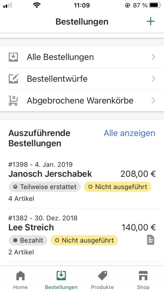 shopify mobile app bestellungen