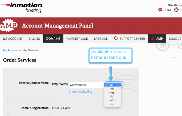 inmotion hosting domain extensions