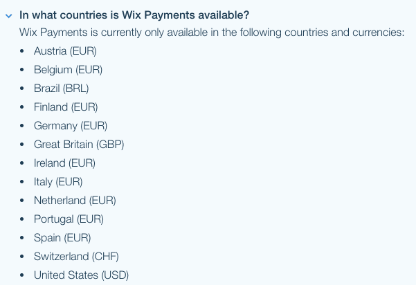 wix payments countries