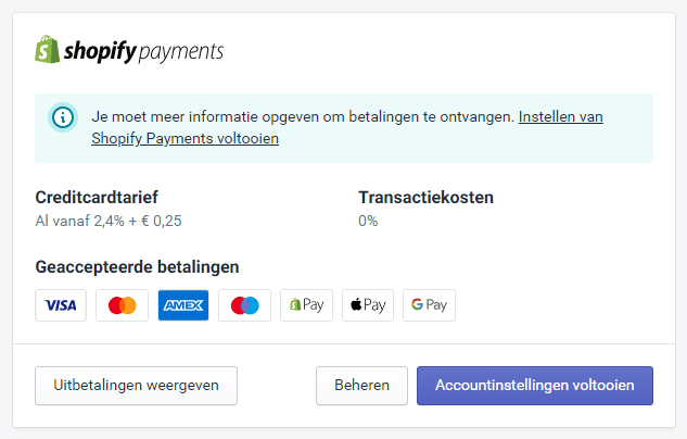 shopify payments instellingen