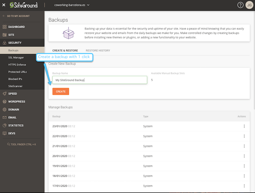 SiteGround backup options