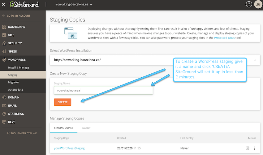 siteground wordpress staging