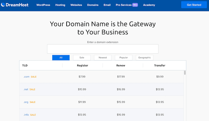 DreamHost Domain Name Extensions & Prices