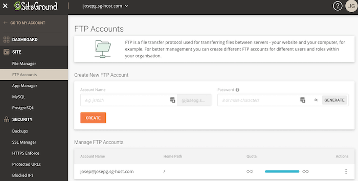 siteground ftp creation account