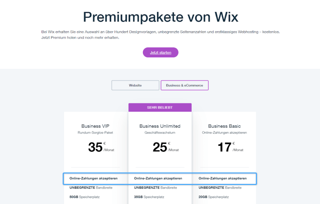 Wix Premiumpakete