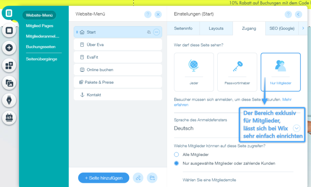 wix einstellung mitgliederbereich 2