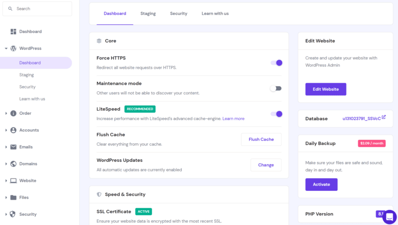 Hostinger control panel