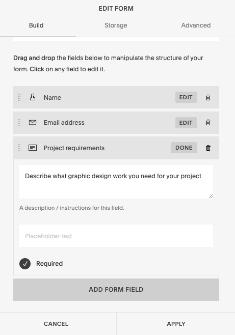 squarespace form fields