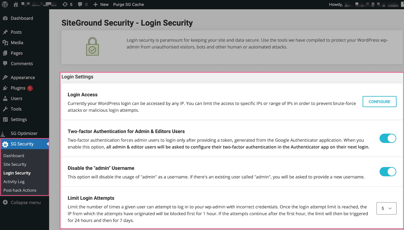 SiteGround security plugin for WordPress