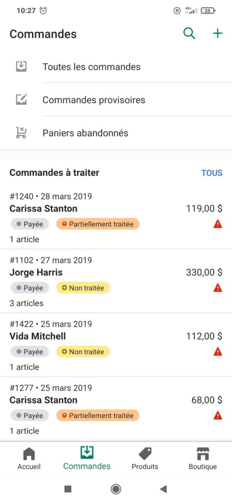 commandes Shopify app mobile