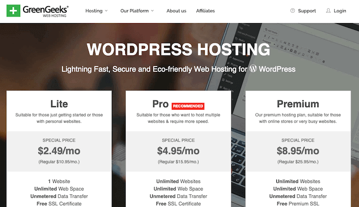 GreenGeeks affordble WordPress hosting