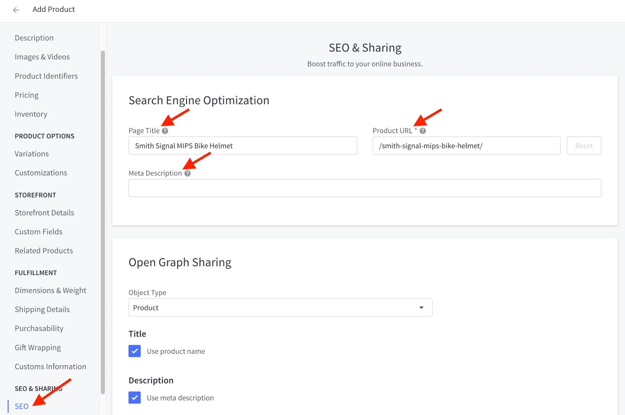 BigCommerce Product SEO Settings