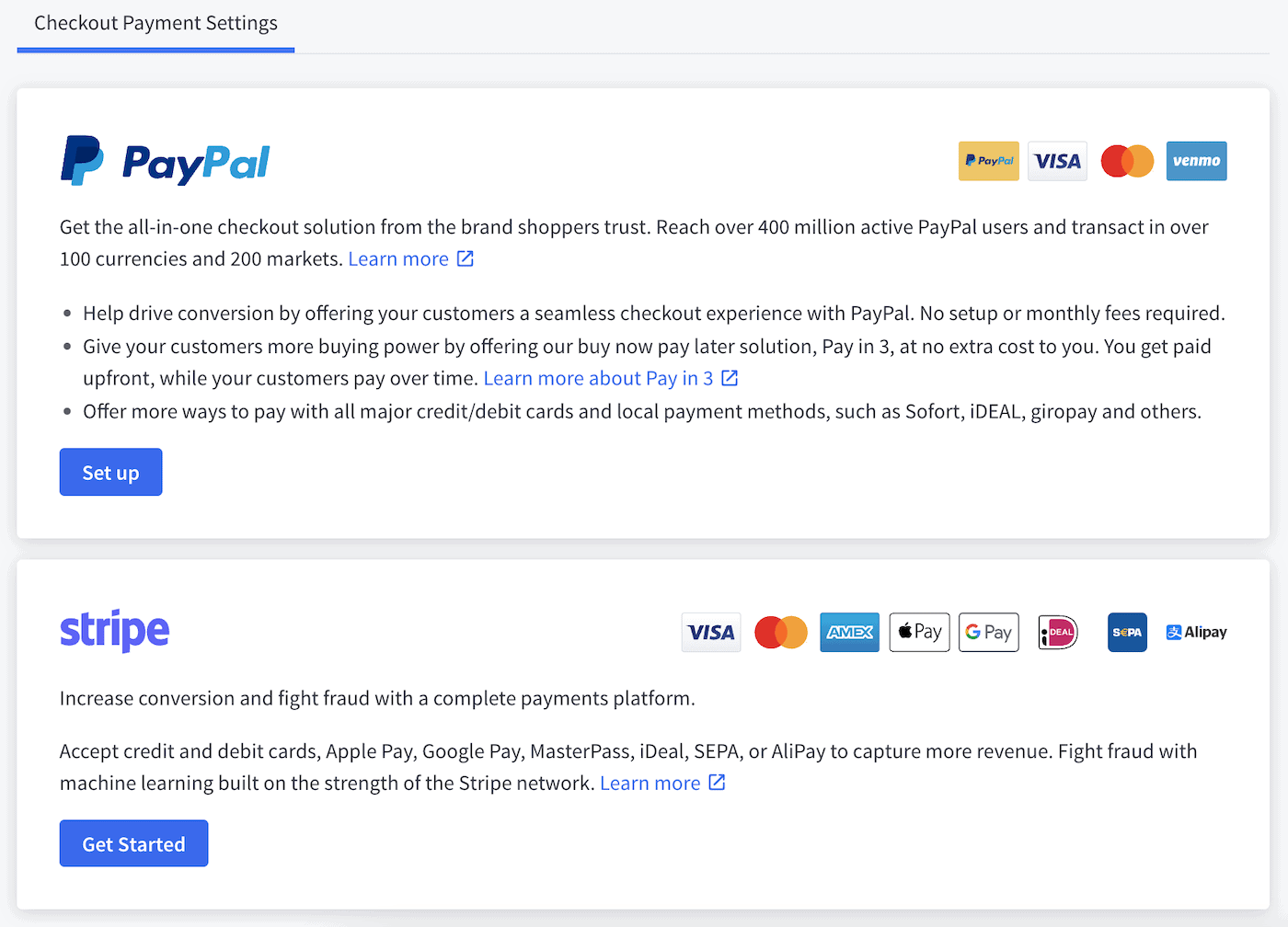 PayPal and Stripe are the default payment options in BigCommerce