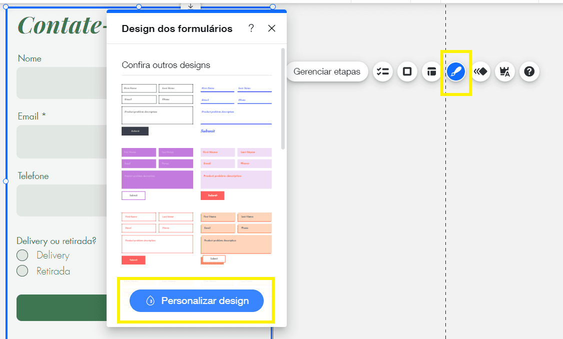 design dos formulários wix