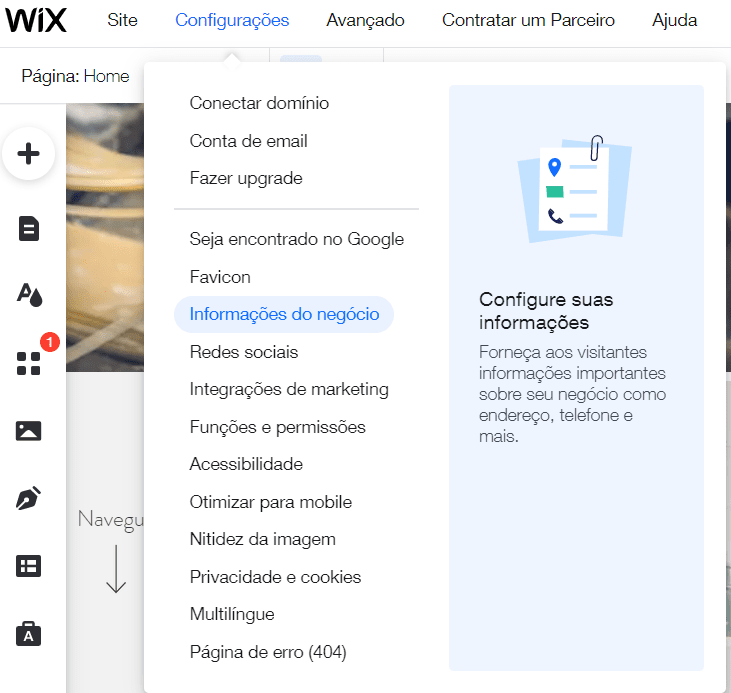 informações do negócio wix 