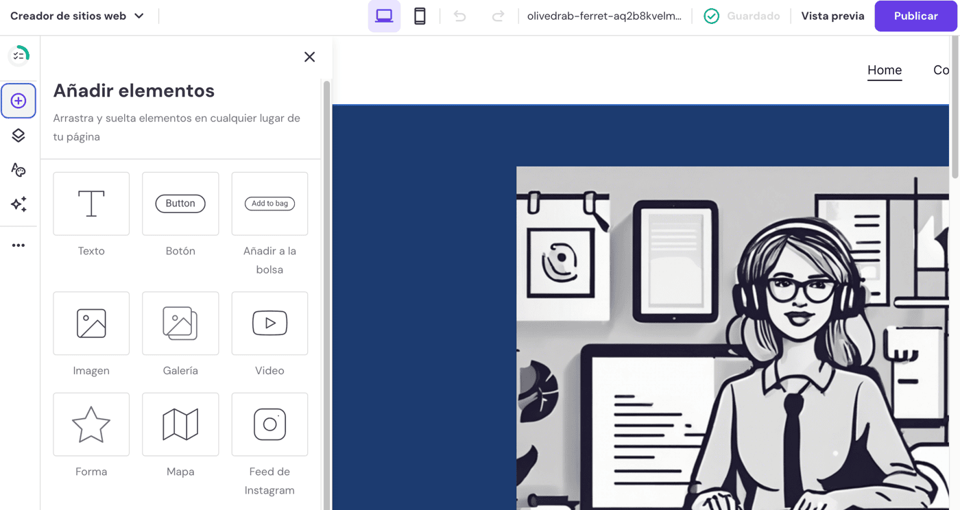 Añadir elementos con el creador de sitios de Hostinger