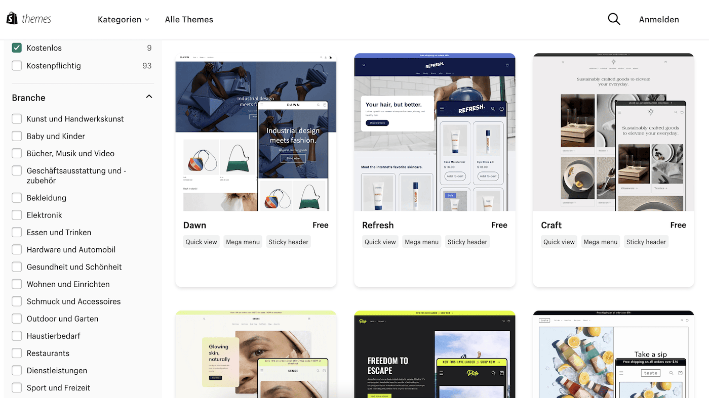 shopify kostenlose themes