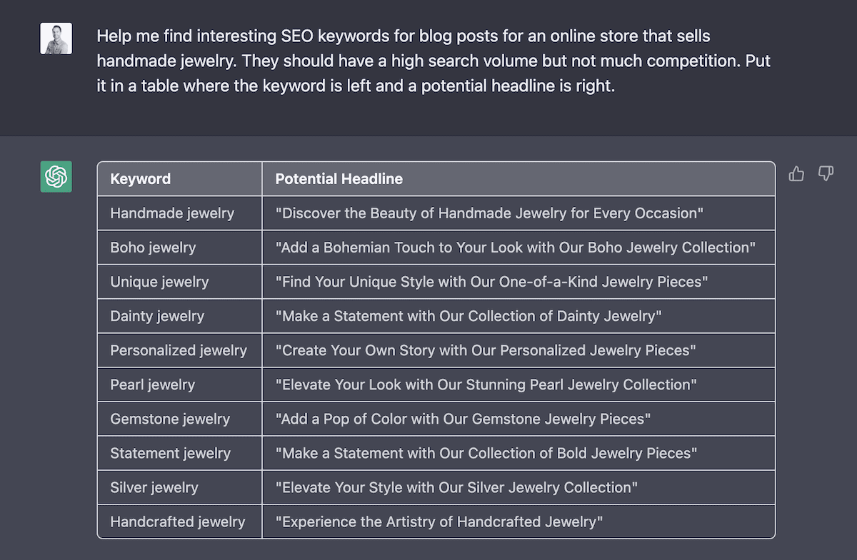 chat gpt seo keywords and headlines table