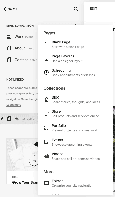 añadir nuevas paginas squarespace