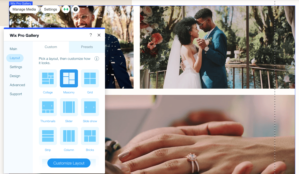 disposición galerías Wix Pro Gallery