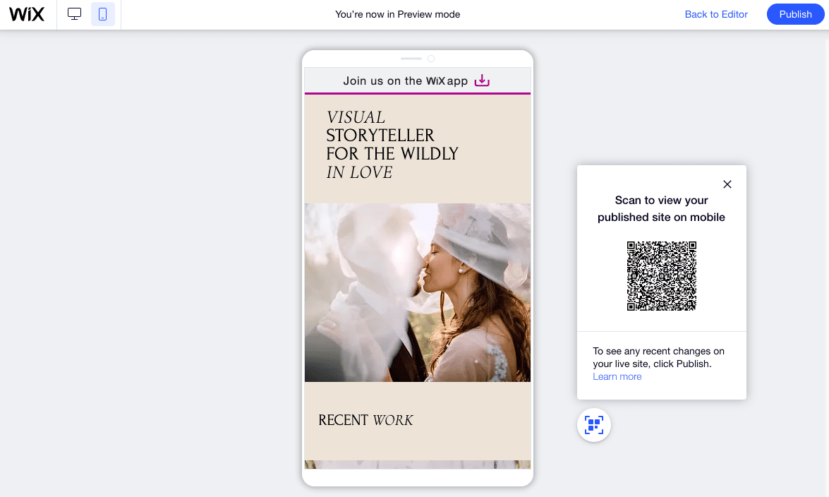 Wix mobile preview mode