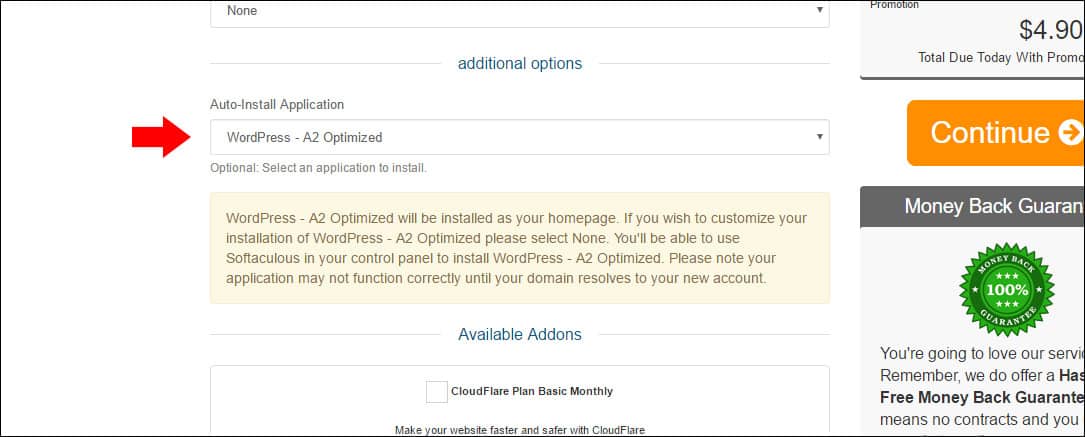 A2 Hosting's Auto-Install option at checkout