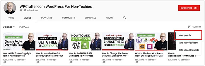 Sort by Most Popular on Youtube channel
