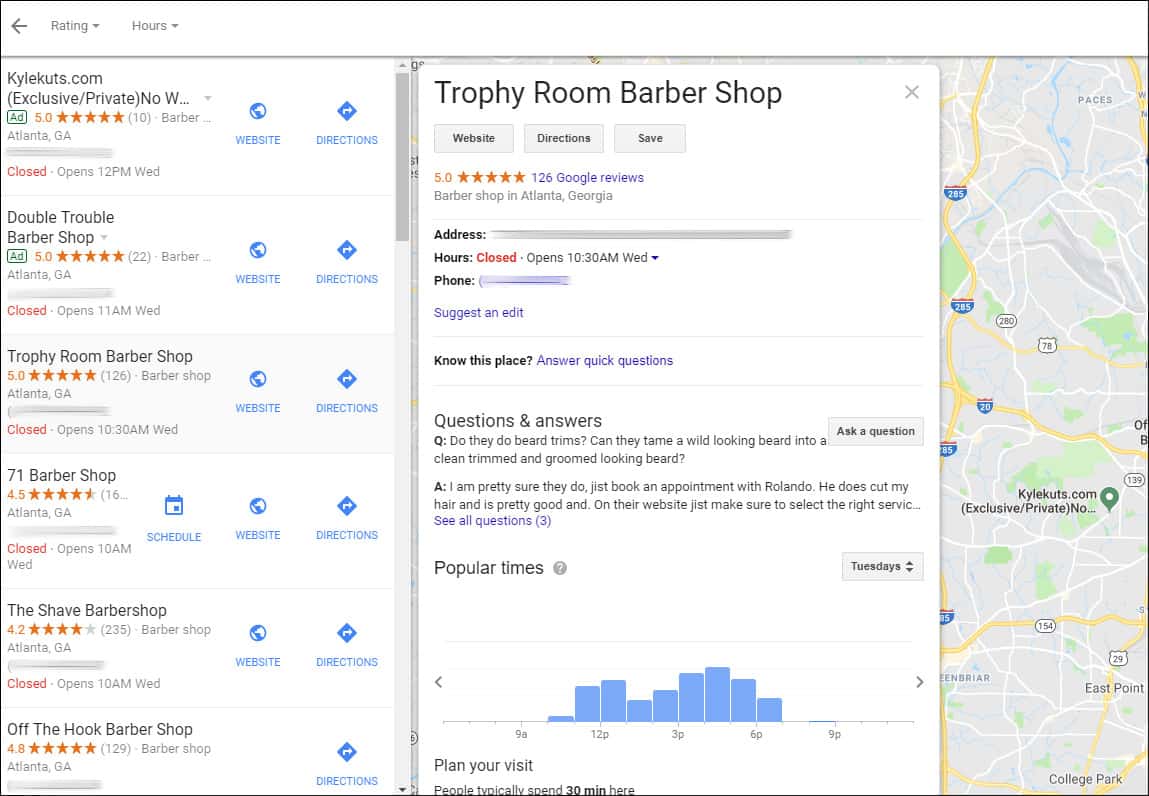 Google's Local Graph and Map Pack results for a local Barber Shop