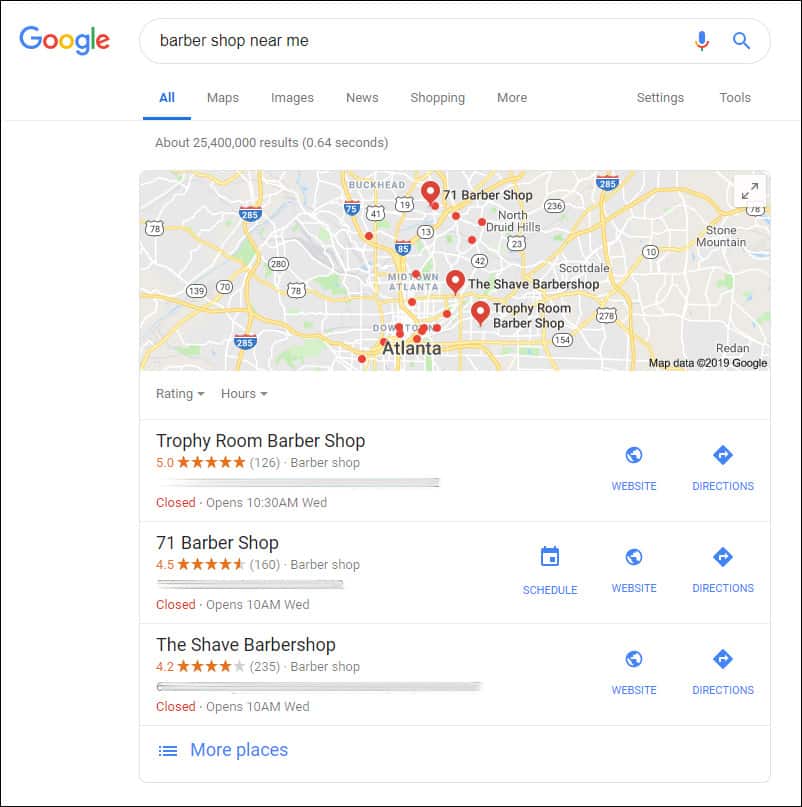 Google map pack example for a local barber shop
