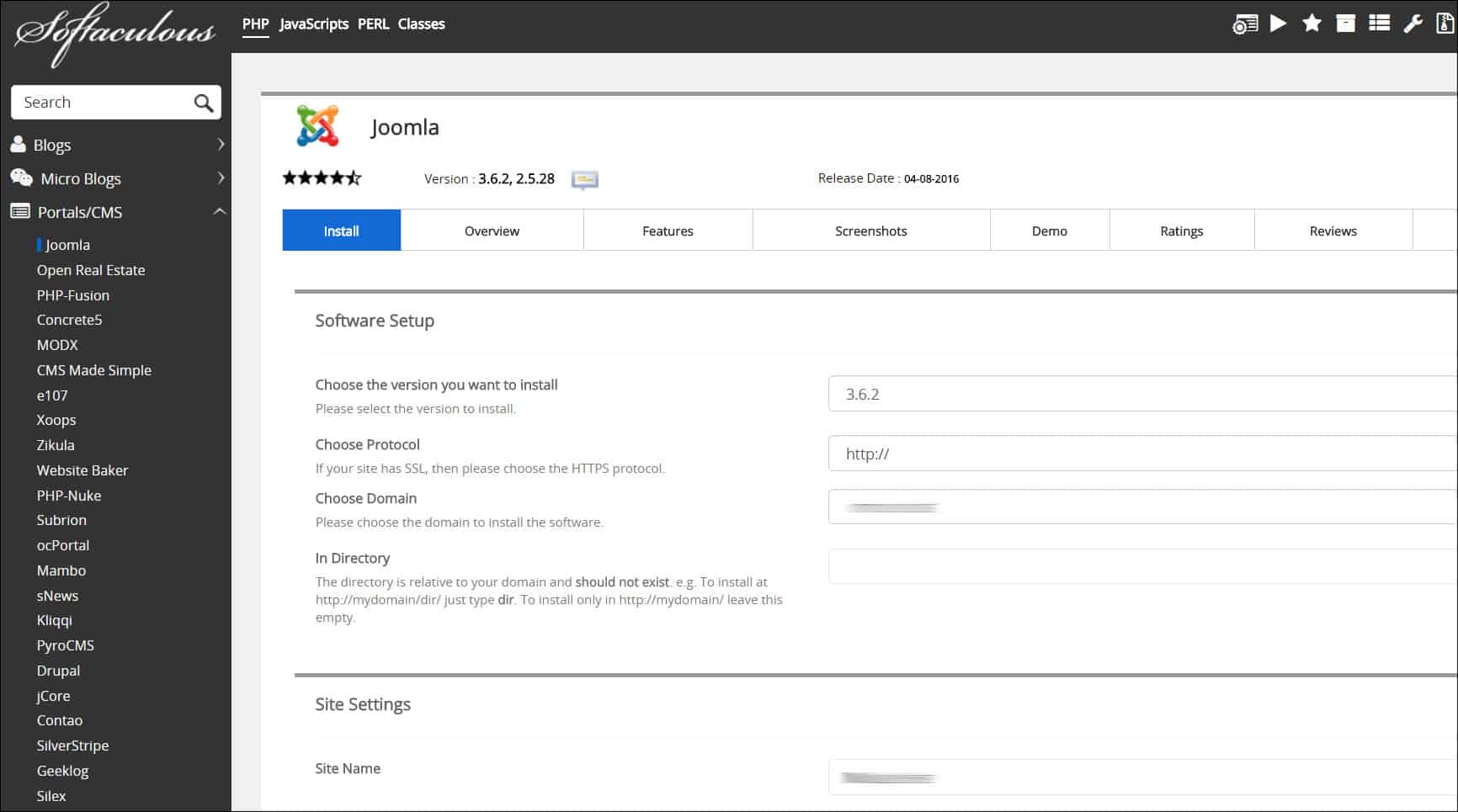 Joomla auto-installation via Softaculous