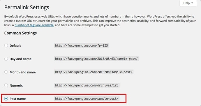 Modifying post name permalink settings