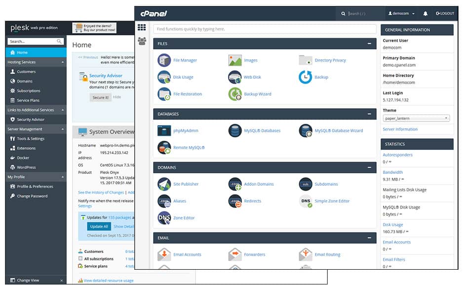 Different control panels for shared web hosting