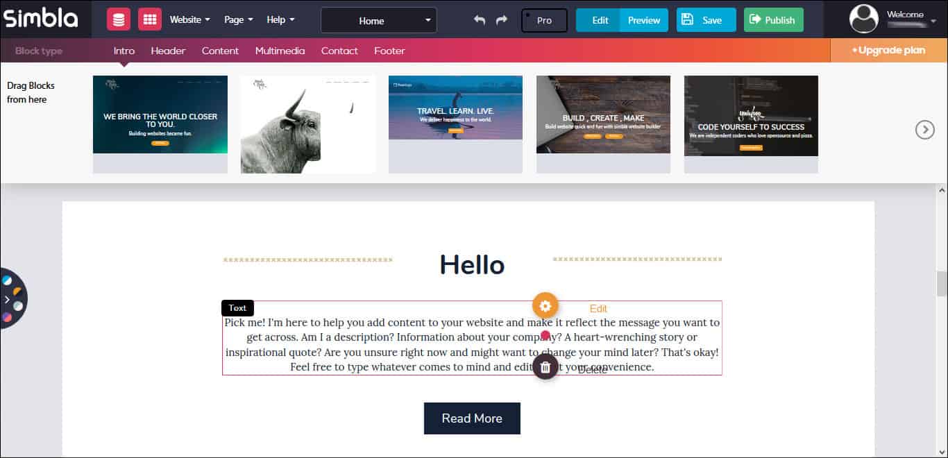 Screenshot of the Simbla website builder