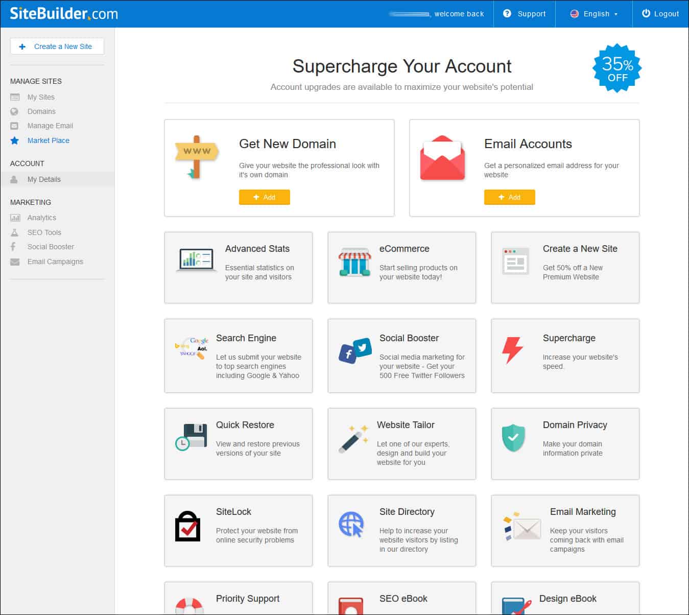 Screenshot of the SiteBuilder marketplace