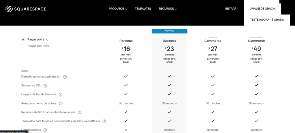 squarespace planos e preços