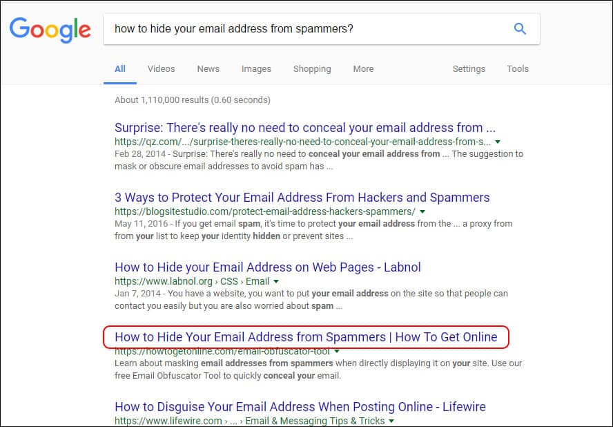 Keywords in Title Tag example